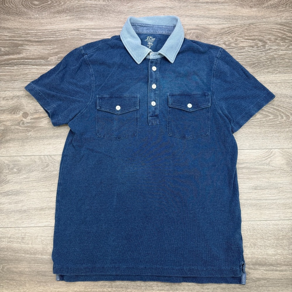 J Crew Polo Shirt Mens Medium Blue Indigo Dyed Two Tone Cotton Double Pocket